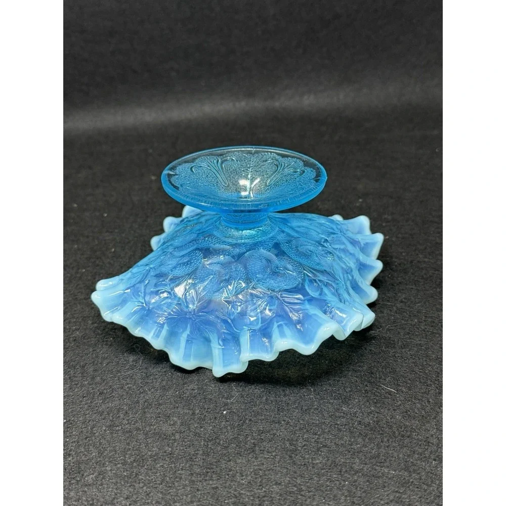 Dugan Blue Opalescent Question Marks Pedestal Bowl Carnival Glass Vintage